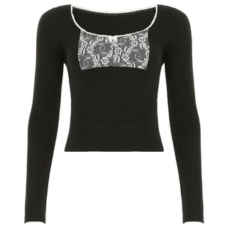 Long sleeve lace hem bowknot round neck top