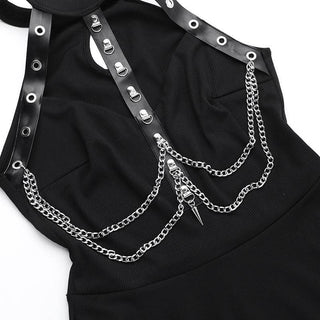 Hollow out metal chain crewneck ribbed cut out midi dress