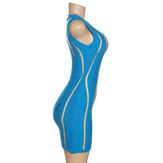 Crewneck knitted mesh patchwork mini dress