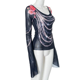 Long flared sleeve u neck beaded print sheer mesh top