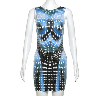 Crewneck body print backless mini dress