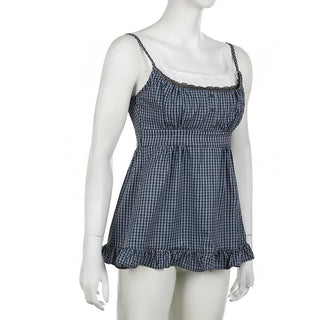 U neck plaid print patchwork lace hem ruffle top