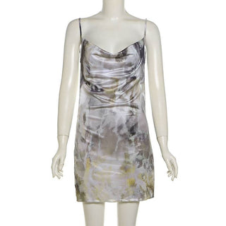 Cowl neck print backless contrast cami mini dress