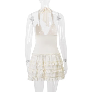Halter smocked knotted ruched ruffle mini dress