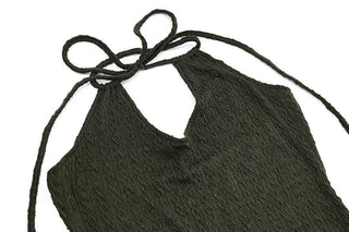 Ruffle halter textured hollow out self tie solid cut out mini dress