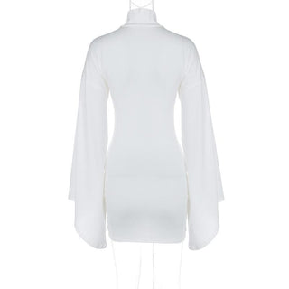 Long flared sleeve high neck ruched buckle solid mini dress