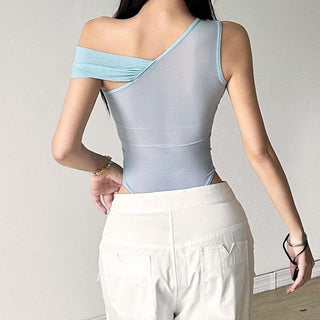 One shoulder ruched sheer mesh bodysuit