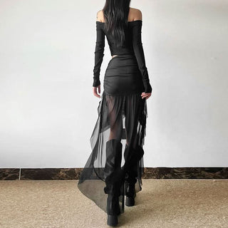 Ruched ruffle mesh mini skirt