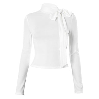 Hollow out bowknot self tie long sleeve solid cut out top