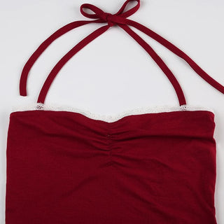 Halter ruched lace hem backless solid top