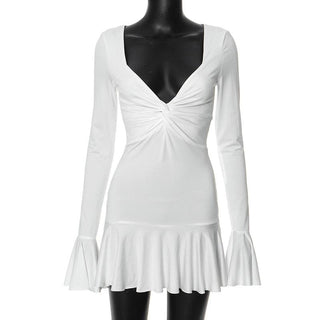 Long flared sleeve ruched v neck solid mini dress