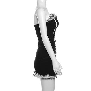 Ruffle velvet stitch ruched backless contrast tube mini dress