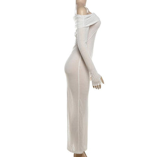 Off shoulder long sleeve metal applique midi dress