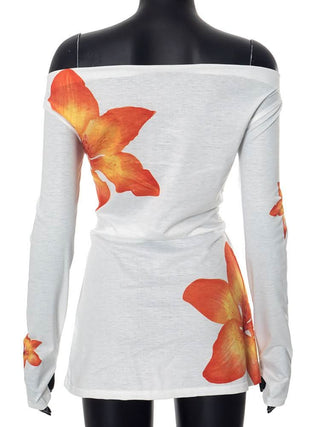 Long sleeve gloves flower print mesh off shoulder top