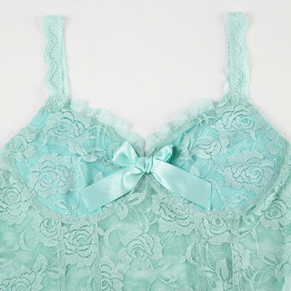Lace flower pattern bowknot ruffle cami top