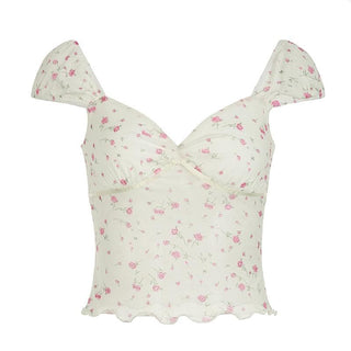 Short puff sleeve rose print lace hem ruched top
