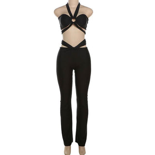 Halter hollow out ruched low rise crop pant set