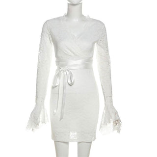 Long flared sleeve v neck lace self tie mini dress