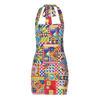 Halter print contrast knotted mini dress