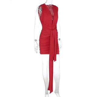 Deep V neck ruched solid mini dress