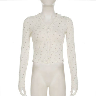 Long sleeve textured flower print button lace hem top