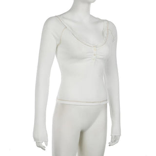 Long sleeve v neck lace hem button top