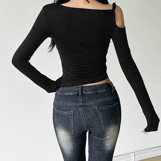 Irregular long sleeve ruched lace hollow out cut out top