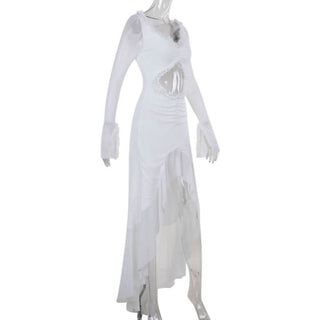 Hollow out long sleeve ruched ruffle mesh cut out maxi dress