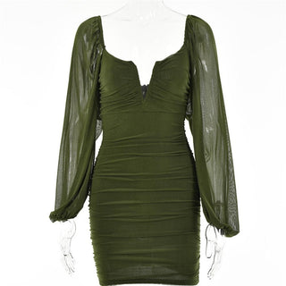 Mesh solid long sleeve ruched notch neck zip-up mini dress