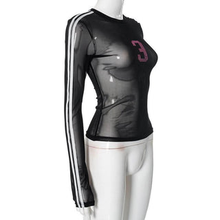 Long sleeve crewneck mesh beaded top