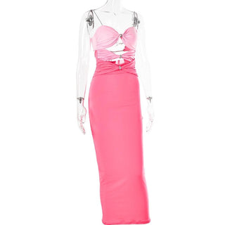 Hollow out contrast patchwork bowknot backless self tie cut out maxi dress - Final Sale