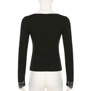 Long sleeve lace hem square neck solid top