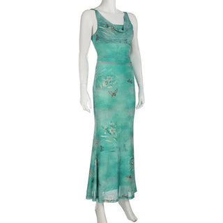 Cowl neck mesh butterfly print ruched cami maxi dress