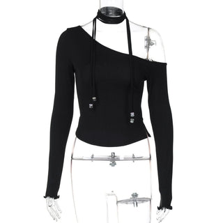 Halter one shoulder long sleeve beaded solid top