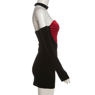 Sweetheart pattern gloves velvet mini dress