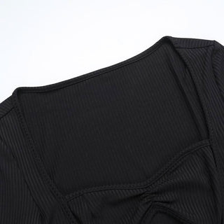 Long sleeve hollow out ribbed ruffle v neck cut out mini dress