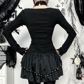 Long sleeve ruffle lace hem necklace top