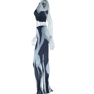 U neck zip-up print contrast crop pant set