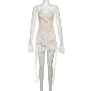 Long flared sleeve lace ruffle mini dress