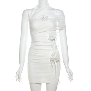 Halter flower applique mesh mini dress