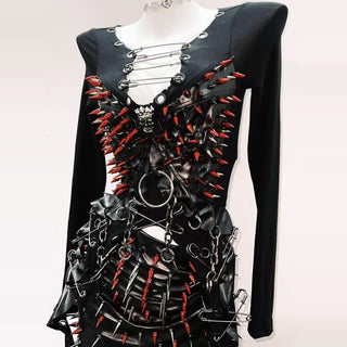 Long sleeve rivet metal chain PU leather mini skirt set