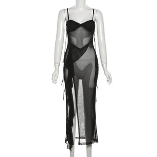Sweetheart neck ruffle high slit sheer mesh cami midi dress