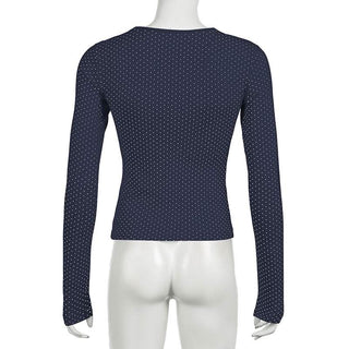 Polka dot long sleeve button lace hem patchwork top