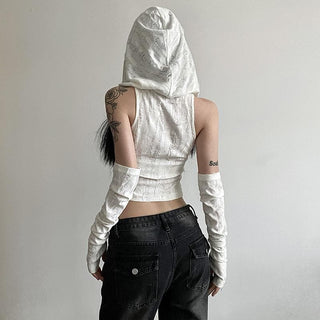 Textured off shoulder hoodie gloves cowl neck crop top