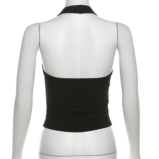 Halter beaded square neck cross pattern mesh top