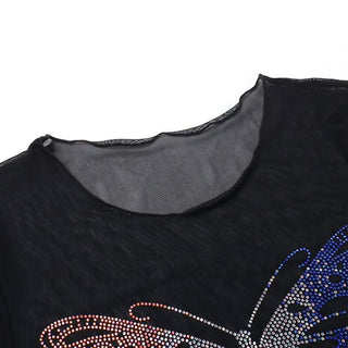 Round neck short sleeve butterfly pattern beaded crop top