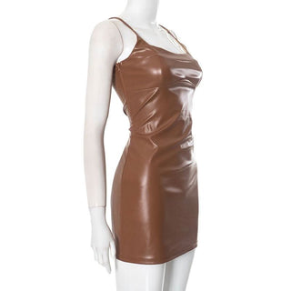 U neck PU leather zip-up backless solid mini dress