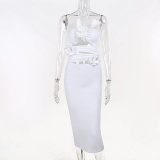 Solid halter slit ruched hollow out flower applique cut out midi dress