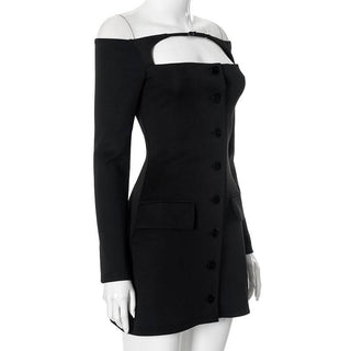 Off shoulder long sleeve button hollow out cut out mini dress