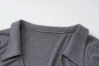 Turnover collar long sleeve slit self tie midi dress